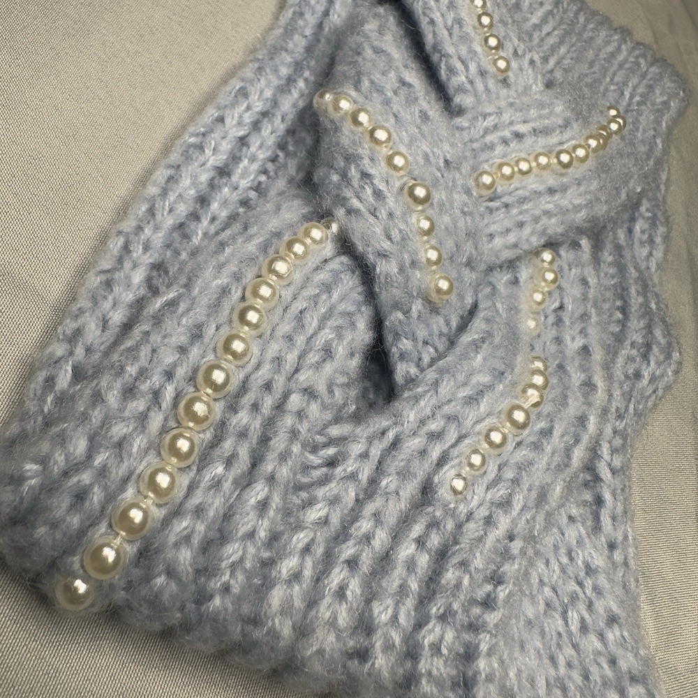 Winter Head Band Cable Knit Baby Blue Pearl Beaded Snow Wonderland Ski Cold